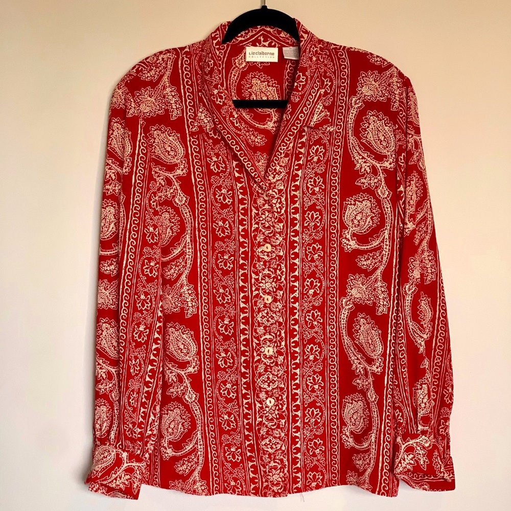 Liz Claiborne red and beige detail long sleeve blouse size 14